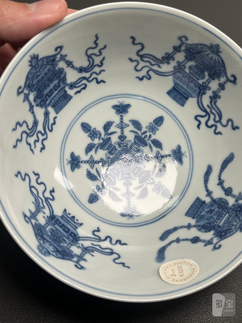 清道光  内青花外胭脂红地轧道洋彩开光“五谷丰登”图上元节令膳碗 - 图18